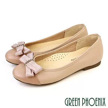 【GREEN PHOENIX】女 娃娃鞋 便鞋 全真皮 平底 蝴蝶結 OL通勤面試 乳膠鞋墊 台灣製 US5 粉紅色
