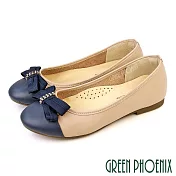 【GREEN PHOENIX】女 娃娃鞋 便鞋 全真皮 平底 蝴蝶結 OL通勤面試 乳膠鞋墊 台灣製 US7.5 藍色