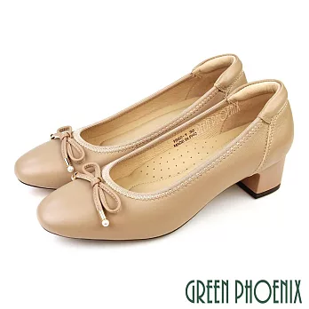 【GREEN PHOENIX】女 跟鞋 包鞋 粗跟 全真皮 小羊皮 蝴蝶結 OL通勤 EU34 杏色