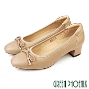 【GREEN PHOENIX】女 跟鞋 包鞋 粗跟 全真皮 小羊皮 蝴蝶結 OL通勤 EU38 杏色