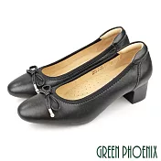 【GREEN PHOENIX】女 跟鞋 包鞋 粗跟 全真皮 小羊皮 蝴蝶結 OL通勤 EU35 黑色