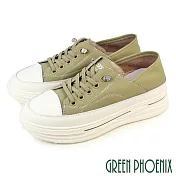 【GREEN PHOENIX】女 休閒鞋 懶人鞋 真皮 顯瘦 免綁鞋帶 厚底 EU36 綠色