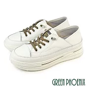 【GREEN PHOENIX】女 休閒鞋 懶人鞋 真皮 顯瘦 免綁鞋帶 厚底 EU36 米色