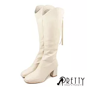 【Pretty】女 長靴 馬靴 騎士靴 高跟 顯瘦貼腿 後拉鍊 韓國進口 JP25.5 米色