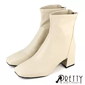 【Pretty】女 短靴 粗高跟 方頭 素面 側拉鍊 JP23 米色