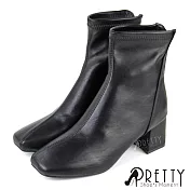 【Pretty】女 短靴 粗高跟 方頭 素面 側拉鍊 JP24 黑色