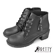 【Pretty】女 短靴 馬丁靴 粗跟 側拉鍊 綁帶 台灣製 EU36 黑色