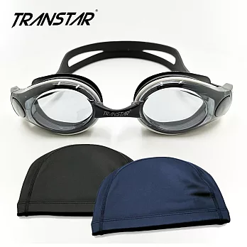 TRANSTAR 泳鏡 抗UV塑鋼防霧鏡片-按扣式可拆卸頭帶(泳帽超值組) 黑色+黑色泳帽