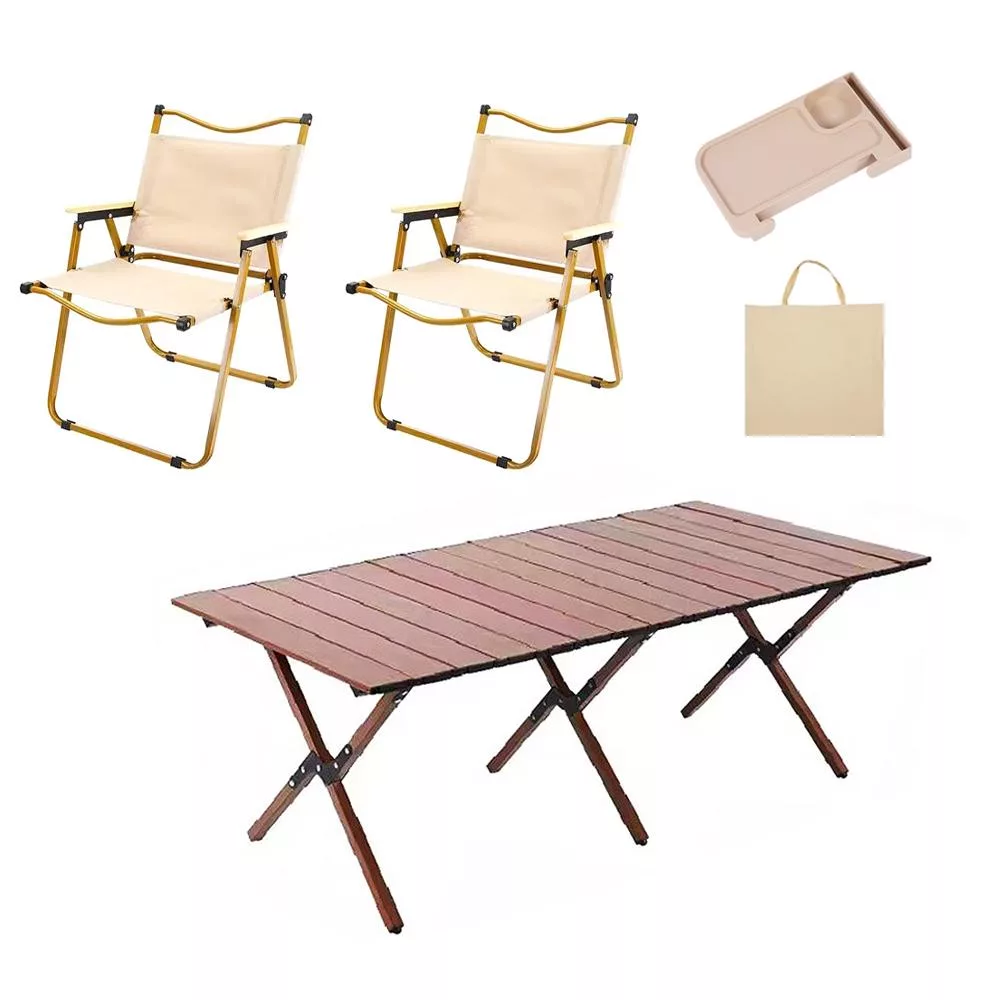 E.C outdoor 戶外露營折疊鋁合金桌椅五件組-贈收納袋 露營桌椅 收納桌椅 摺疊桌椅 -卡其椅
