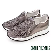 【GREEN PHOENIX】女 休閒鞋 懶人鞋 全真皮 水鑽 鏤空 厚底 EU38 古銅色