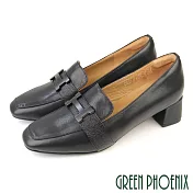 【GREEN PHOENIX】女 跟鞋 包鞋 樂幅鞋 小皮鞋 粗跟 全真皮 小羊皮 台灣製 US5.5 黑色