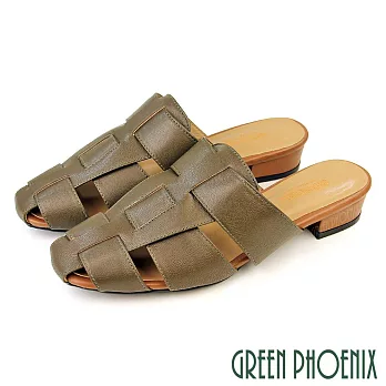 【GREEN PHOENIX】女 穆勒鞋 半拖鞋 包頭拖鞋 全真皮 粗跟 小羊皮 台灣製 US5 深綠色