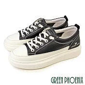 【GREEN PHOENIX】女 休閒鞋 全真皮 厚底 奶油頭 免綁鞋帶 顯瘦 韓國進口 JP22.5 黑色