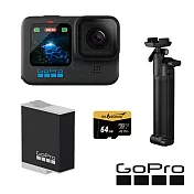 【GoPro】HERO 12 三向輕裝套組 (HERO12單機+三向多功能自拍桿2.0+Enduro原廠電池+64G記憶卡) 正成公司貨