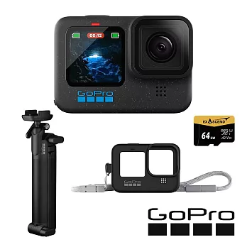 【GoPro】HERO 12 新手旅拍套組 (HERO12單機+三向多功能自拍桿2.0+護套+繫繩+64G記憶卡) 正成公司貨 黑