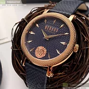 VERSUS VERSACE凡賽斯精品錶,編號：VV00356,38mm圓形玫瑰金精鋼錶殼寶藍色錶盤真皮皮革寶藍錶帶