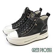 【GREEN PHOENIX】女 短靴 休閒鞋 高筒 全真皮 減壓鞋墊 EU38 黑色
