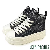 【GREEN PHOENIX】女 短靴 帆布鞋 休閒鞋 短筒 綁帶 輕量厚底 鬆糕 丹寧 牛仔 EU36 黑色