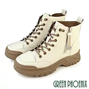 【GREEN PHOENIX】女 短靴 休閒鞋 高筒 水鑽飾釦 真皮 側拉鍊 厚底 JP24 米色