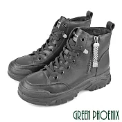【GREEN PHOENIX】女 短靴 休閒鞋 高筒 水鑽飾釦 真皮 側拉鍊 厚底 JP23 黑色