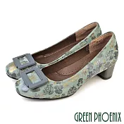 【GREEN PHOENIX】女 跟鞋 包鞋 粗跟 全真皮 小羊皮 通勤 上班 宴會 台灣製 JP21.5 綠色