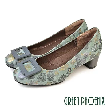 【GREEN PHOENIX】女 跟鞋 包鞋 粗跟 全真皮 小羊皮 通勤 上班 宴會 台灣製 JP21.5 綠色