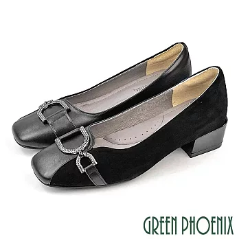 【GREEN PHOENIX】女 跟鞋 包鞋 中跟 粗跟 全真皮 通勤 上班 宴會 台灣製 JP24 黑色