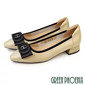 【GREEN PHOENIX】女 跟鞋 包鞋 全真皮 蝴蝶結 尖頭 粗跟 粗中跟 通勤 上班 EU38 杏色