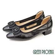 【GREEN PHOENIX】女 跟鞋 包鞋 全真皮 蝴蝶結 尖頭 粗跟 粗中跟 通勤 上班 EU40 黑色