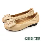 【GREEN PHOENIX】女 娃娃鞋 包鞋 楔型 全真皮 編織 飾釦 通勤 上班 EU35 杏色