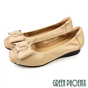 【GREEN PHOENIX】女 娃娃鞋 包鞋 楔型 全真皮 編織 飾釦 通勤 上班 EU39 杏色