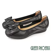 【GREEN PHOENIX】女 娃娃鞋 包鞋 楔型 全真皮 編織 飾釦 通勤 上班 EU35 黑色