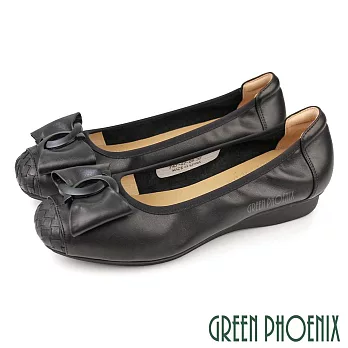 【GREEN PHOENIX】女 娃娃鞋 包鞋 楔型 全真皮 編織 飾釦 通勤 上班 EU35 黑色