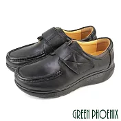 【GREEN PHOENIX】女 休閒鞋 皮鞋 學生鞋 工作鞋 全真皮 沾黏式 厚底 EU40 黑色