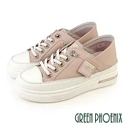 【GREEN PHOENIX】女 休閒鞋 懶人鞋 後踩兩穿 真皮 免綁鞋帶 鬆糕厚底 JP23 粉紅色