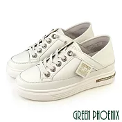 【GREEN PHOENIX】女 休閒鞋 懶人鞋 後踩兩穿 真皮 免綁鞋帶 鬆糕厚底 JP23 米色