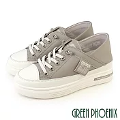 【GREEN PHOENIX】女 休閒鞋 懶人鞋 後踩兩穿 真皮 免綁鞋帶 鬆糕厚底 JP23 灰色