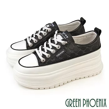 【GREEN PHOENIX】女 休閒鞋 懶人鞋 真皮 顯瘦 免綁鞋帶 輕量 鬆糕厚底 EU35 黑色