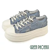 【GREEN PHOENIX】女 休閒鞋 帆布鞋 綁帶 輕量 丹寧 牛仔 鬆糕厚底 EU39 藍色
