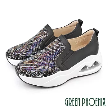 【GREEN PHOENIX】女 休閒鞋 懶人鞋 氣墊鞋 彈力 全真皮 水鑽 厚底 EU35 黑色