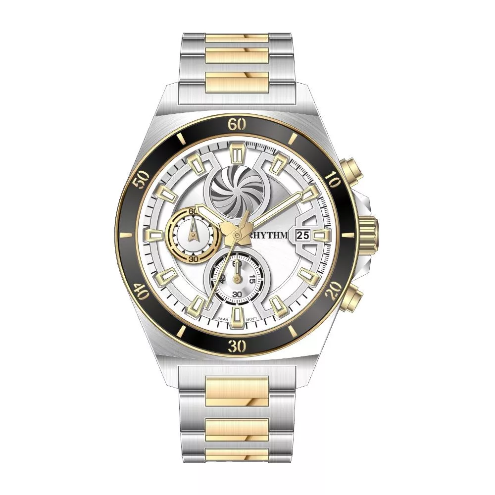 RHYTHM 麗聲 炫渦造型閃耀時尚雙眼不鏽鋼手錶-大錶款S1404 高貴金
