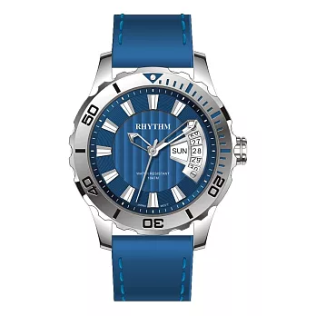 RHYTHM 麗聲 酷炫錶圈賽車風格日期顯示親膚橡膠錶帶手錶-TQ1701(潛水錶) 銀框藍底