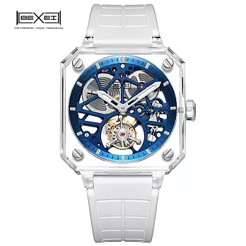 BEXEI 貝克斯 八邊形透螢水晶全自動陀飛輪鏤空機械錶-9112  冰川藍