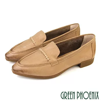 【GREEN PHOENIX】女 樂福鞋 小皮鞋 休閒鞋 包鞋 便鞋 尖頭 真皮 復古 EU35 杏色