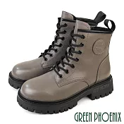 【GREEN PHOENIX】女 馬丁靴 短靴 綁帶靴 軍靴 厚底 牛皮 全真皮 短筒 JP23 灰色