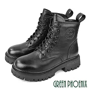 【GREEN PHOENIX】女 馬丁靴 短靴 綁帶靴 軍靴 厚底 牛皮 全真皮 短筒 JP23.5 黑色