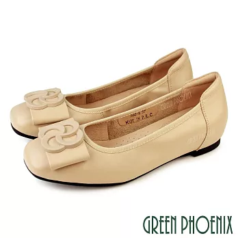 【GREEN PHOENIX】女 娃娃鞋 包鞋 全真皮 內增高 蝴蝶結 通勤 上班 EU34 杏色