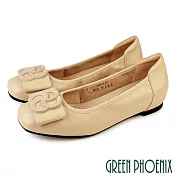 【GREEN PHOENIX】女 娃娃鞋 包鞋 全真皮 內增高 蝴蝶結 通勤 上班 EU38 杏色