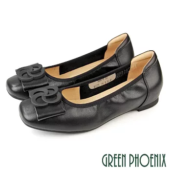 【GREEN PHOENIX】女 娃娃鞋 包鞋 全真皮 內增高 蝴蝶結 通勤 上班 EU35 黑色