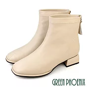 【GREEN PHOENIX】女 短靴 素面 後拉鍊 厚底 羊皮 全真皮 短筒 粗跟 JP23.5 米色